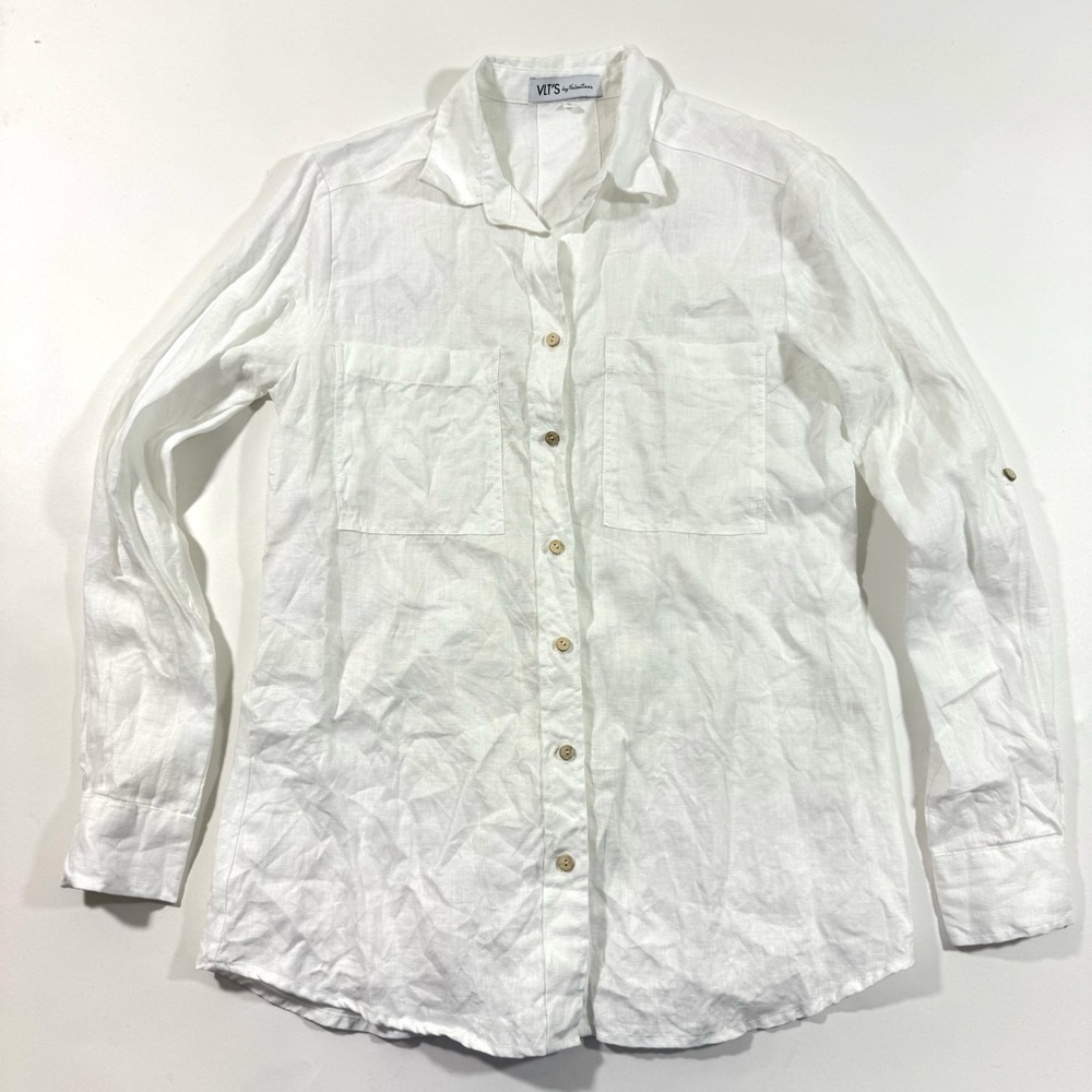 VLTs Valentinas Linen Buttons Front Shirt White Roll Tab Sleeve